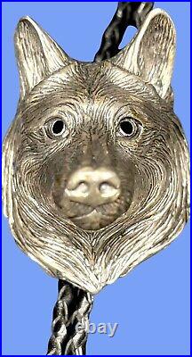 111 Grams VTG BIG Native American Sterling Silver 3D Wolf Head Bolo Beautiful