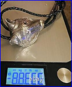 111 Grams VTG BIG Native American Sterling Silver 3D Wolf Head Bolo Beautiful