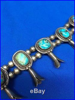 124.7g Vintage NAVAJO Sterling Silver & Turquoise SQUASH BLOSSOM Necklace