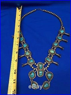 124.7g Vintage NAVAJO Sterling Silver & Turquoise SQUASH BLOSSOM Necklace