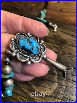 #1774 Squash Blossom Pendant 24 Necklace, Vintage Morenci Turquoise, 925 Navajo