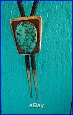 1950s Old Pawn Vintage NAVAJO Sterling Turquoise Bolo Tie Modernist heavy ESTATE