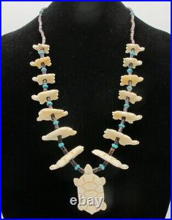 1970s Vintage Native American Zuni Hand Carved Bone Turtle Necklace 31.5