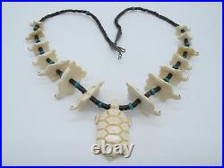 1970s Vintage Native American Zuni Hand Carved Bone Turtle Necklace 31.5