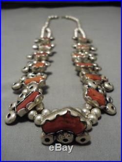 283 Gram Vintage Navajo Coral Sterling Silver Squash Blossom Necklace Old