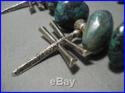320 Grams Vintage Navajo Sterling Silver Cross Turquoise Squash Blossom Necklace