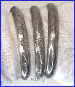 3 Vintage Handmade and Decorated Slip On Sterling Silver Navajo Bangles Antique