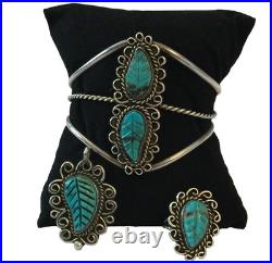 3pc Vintage Native American Turquoise Leaf Sterling Silver Bracelet Ring Pendant