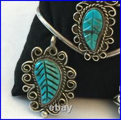 3pc Vintage Native American Turquoise Leaf Sterling Silver Bracelet Ring Pendant