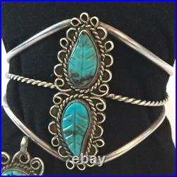 3pc Vintage Native American Turquoise Leaf Sterling Silver Bracelet Ring Pendant
