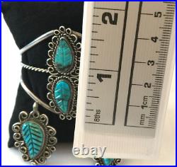 3pc Vintage Native American Turquoise Leaf Sterling Silver Bracelet Ring Pendant