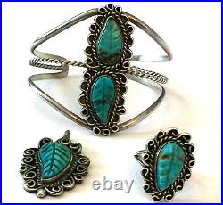 3pc Vintage Native American Turquoise Leaf Sterling Silver Bracelet Ring Pendant