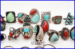 40- Vintage Navajo Zuni Native American Sterling Silver Turquoise Coral Ring LOT