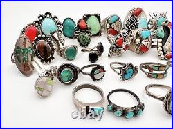 40- Vintage Navajo Zuni Native American Sterling Silver Turquoise Coral Ring LOT