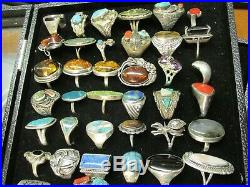 72 Vtg Rings Lot Turquoise Coral Jet Jade Sterling Lapis Amber Most Sterling
