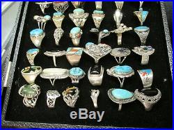 72 Vtg Rings Lot Turquoise Coral Jet Jade Sterling Lapis Amber Most Sterling