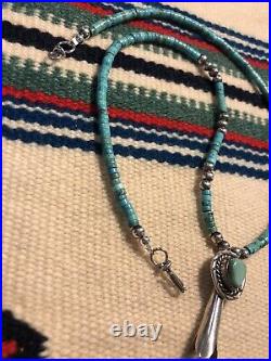 #993 Vintage Navajo Squash Blossom Pendant, Turquoise Heishi, Sterling Silver