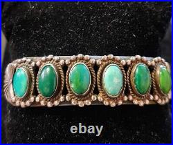 ANTIQUE OLD Vintage Native American Coin Silver and Turquoise ROW Cuff Bracelet