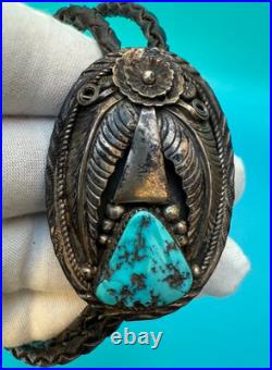 Amazing Vintage Native American Navajo Sterling Silver Turquoise Bolo Necklace