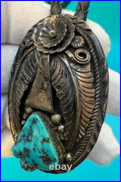 Amazing Vintage Native American Navajo Sterling Silver Turquoise Bolo Necklace