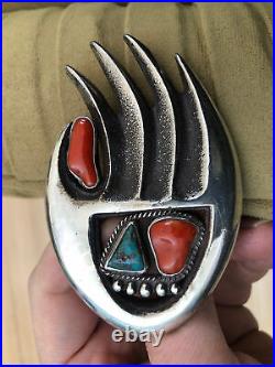 Amazing! Vintage Navajo Figural Paw Belt Buckle Sterling Silver Coral Turquoise