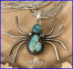 Amazing Vtg Native American Liquid 925 Silver Turquoise Spider Pendant Necklace