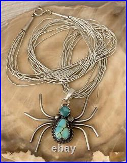 Amazing Vtg Native American Liquid 925 Silver Turquoise Spider Pendant Necklace