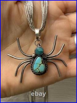 Amazing Vtg Native American Liquid 925 Silver Turquoise Spider Pendant Necklace