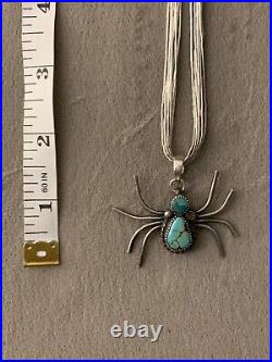 Amazing Vtg Native American Liquid 925 Silver Turquoise Spider Pendant Necklace