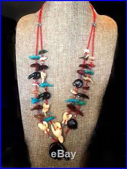 American indian Quandelacy Fetish Necklace vintage ZNM Turquoise, Coral, Sterlin