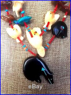 American indian Quandelacy Fetish Necklace vintage ZNM Turquoise, Coral, Sterlin