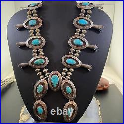 Antique Native American Silver Turquoise Shadow Box Squash Blossom Necklace 28