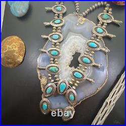 Antique Native American Silver Turquoise Shadow Box Squash Blossom Necklace 28