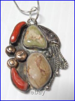Antique Navajo Sterling Silver Gold Coral Turquoise Pendant Necklace Free Chain