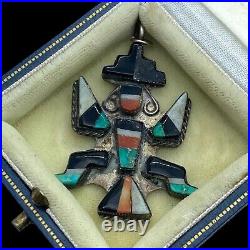 Antique Vintage Native Zuni Sterling Silver Turquoise Knifewing Inlay Pendant 7g