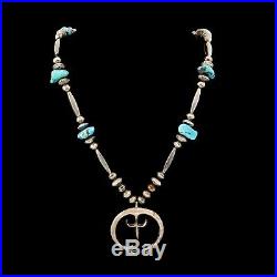 Antique Vintage Sterling Silver Native Navajo Turquoise Squash Blossom Necklace