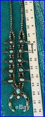 Antique or Vintage Navajo Turquoise Silver Squash Blossom Necklace + Frame