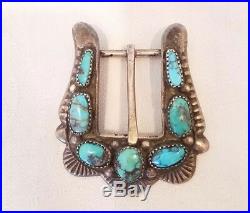 Attr. HORACE IULE Vintage Sand Cast Sterling Silver Bisbee Turquoise Buckle Zuni