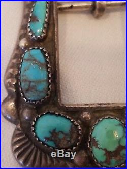 Attr. HORACE IULE Vintage Sand Cast Sterling Silver Bisbee Turquoise Buckle Zuni