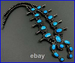 Authentic Vintage Navajo Sterling Silver Turquoise Squash Blossom Necklace OLD