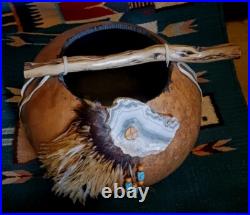 Awesome Lg. Vintage Native American Painted Gourd Basket Art Signed Nice