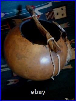 Awesome Lg. Vintage Native American Painted Gourd Basket Art Signed Nice