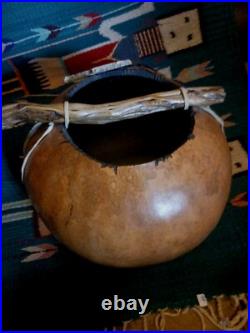 Awesome Lg. Vintage Native American Painted Gourd Basket Art Signed Nice