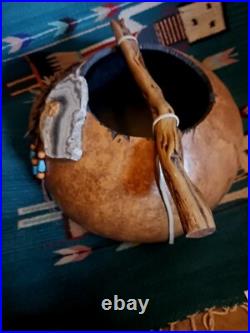 Awesome Lg. Vintage Native American Painted Gourd Basket Art Signed Nice