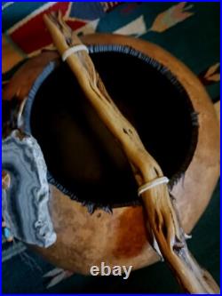 Awesome Lg. Vintage Native American Painted Gourd Basket Art Signed Nice