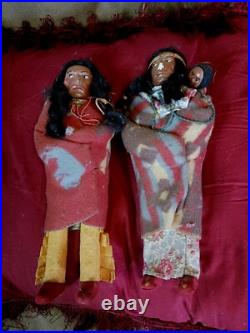 Awesome Pair Of Vintage Native American 12 Skootum Dolls As Found Original