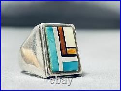 Awesome Vintage Zuni Turquoise Coral Inlay Sterling Silver Ring