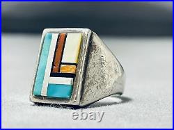 Awesome Vintage Zuni Turquoise Coral Inlay Sterling Silver Ring