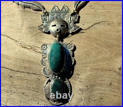 Beautiful HUGE Vintage Navajo Sterling Silver & Turquoise Stone KACHINA Necklace