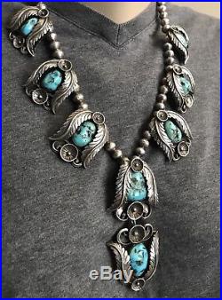 Beautiful Lg Vintage Navajo Sterling Silver & Turquoise Squash Blossom Necklace